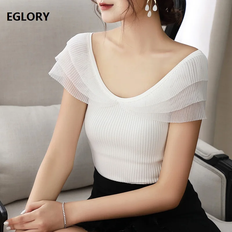 

High Quality Sweaters 2019 Spring Summer Tops Pullover Women Scoop O-Neck Short Sleeve Slim Fitted Tops Jumper White Black Pink