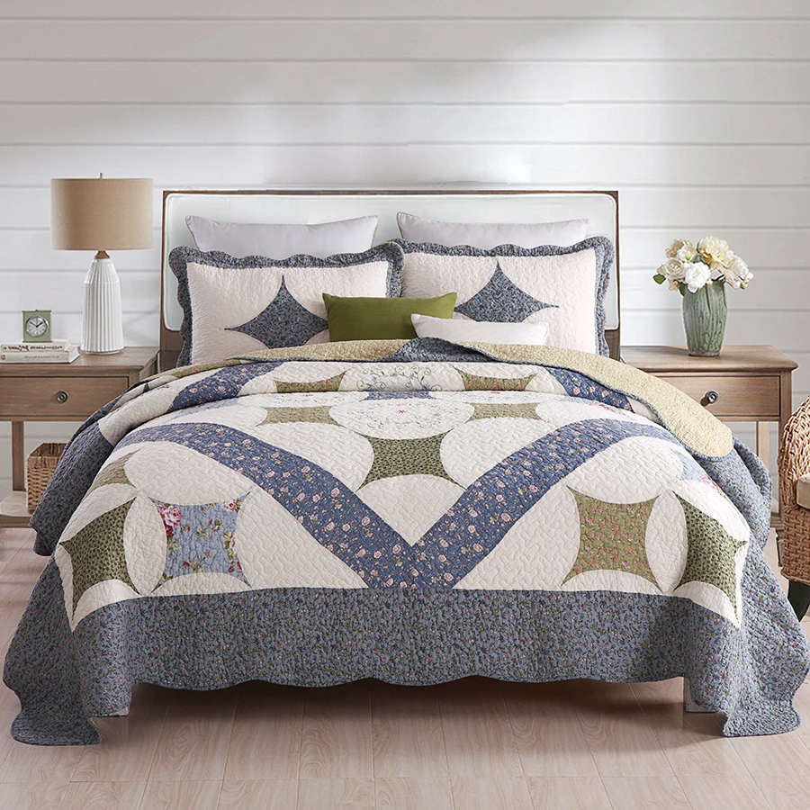 

American Patchwork Bedspreads Cotton Quilt Set 3-Pieces Handmade Floral Quilts Pillowcase Bed Cover King Queen Size Coverlet Set