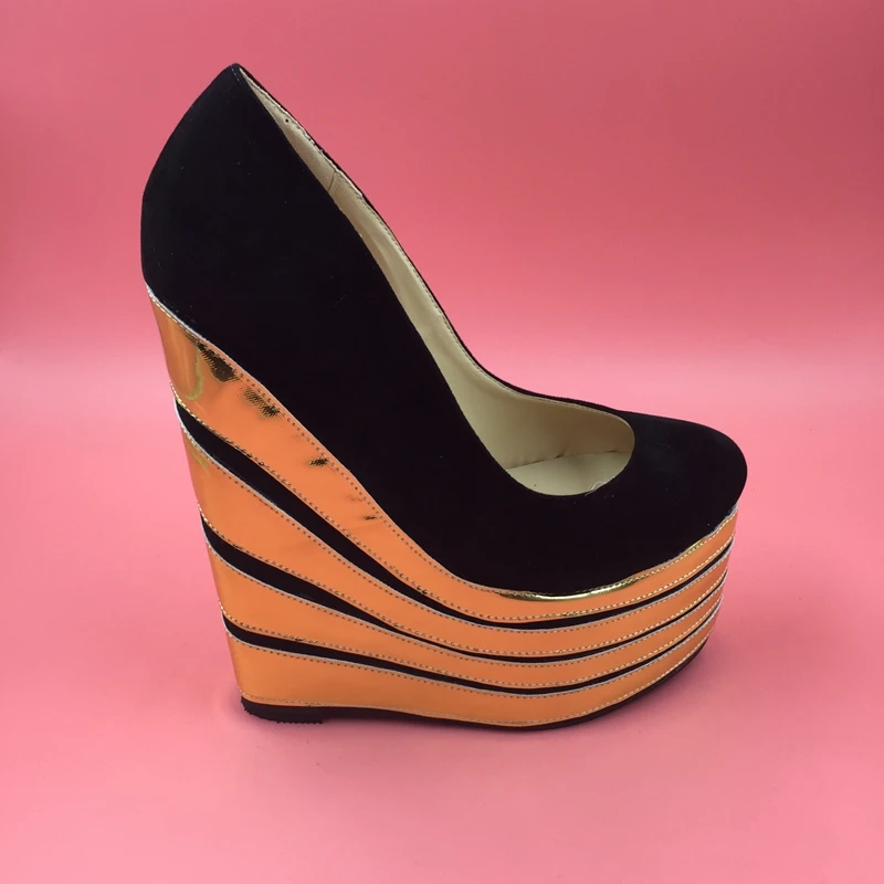 Black Wedge High Heel Women Pumps Round Toe Thick Platform Slip-on Shoes Ladies Comfortable True to US Size Gold Wedge Heels