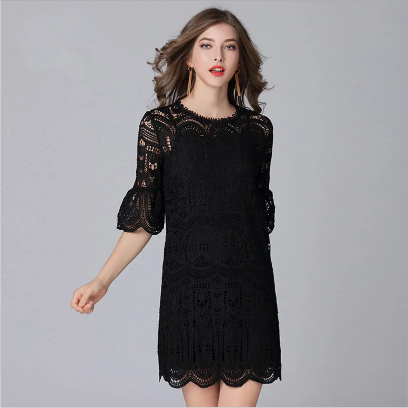 

Lace Dress Female 2018 Spring New Half Sleeve Flare Sleeve Hollow Out Solid Mini Dresses For Women Lady's Clothes Black L-5XL