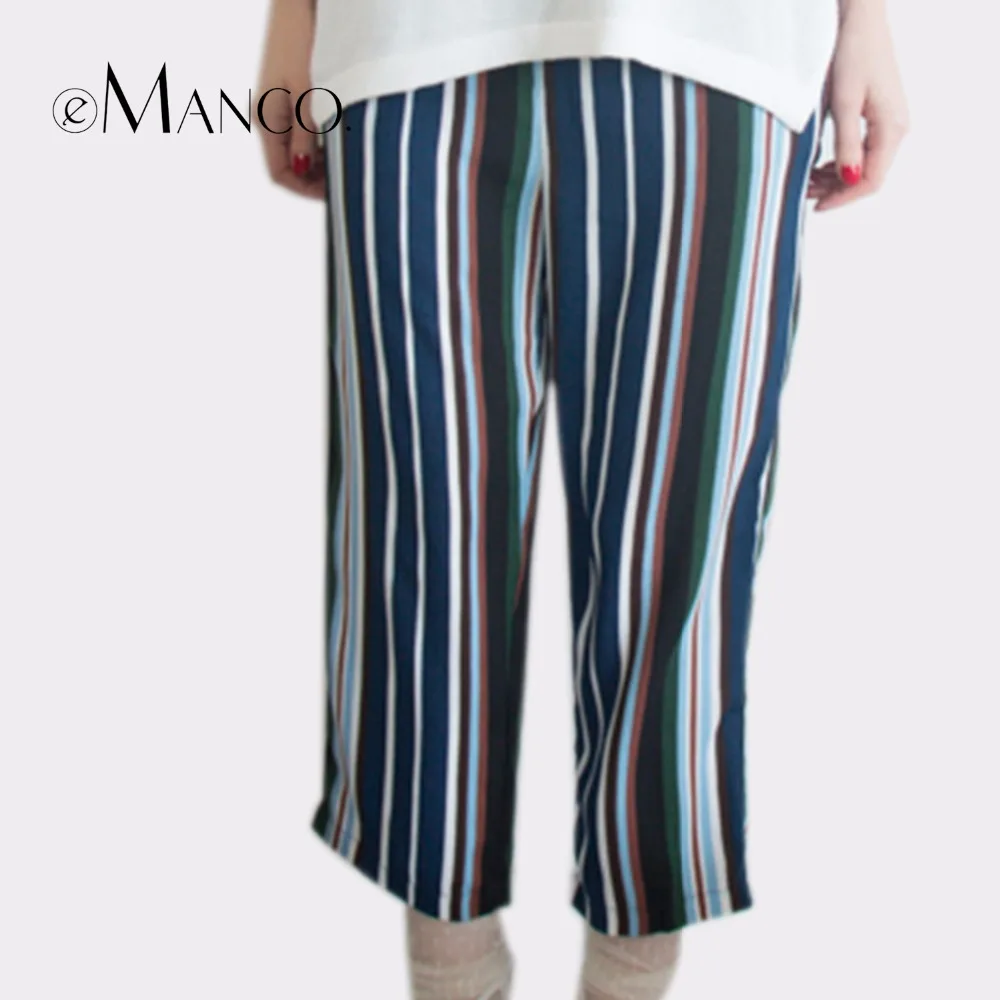 e-Manco Fashion Women Pants 100% cotton Classic Stripe Ankle Length Pants Casual Trousers For Women Clothes LR2064