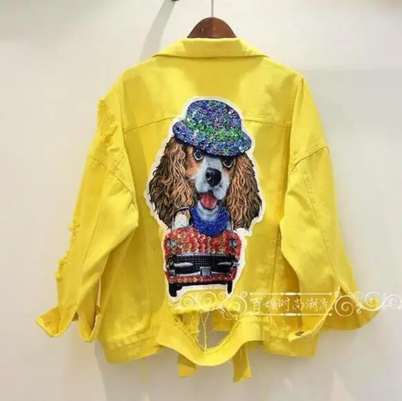 jaune Dessinée Denim Nouveau Paillettes Court Veste Jeans Manteau Outwear Étudiants rose De Femmes blanc Chien Trous Cassé Printemps Bande Bleu 2018 Lâche d1wgvqxX1