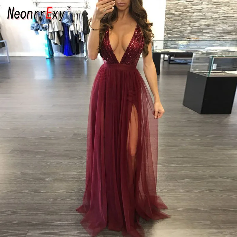

Neonrrexy Sexy Sling Evening Deep V Neck Backless Sequin Party Maxi Dress Elegant Women Solid Strap Slip Long Dresses Vestidos