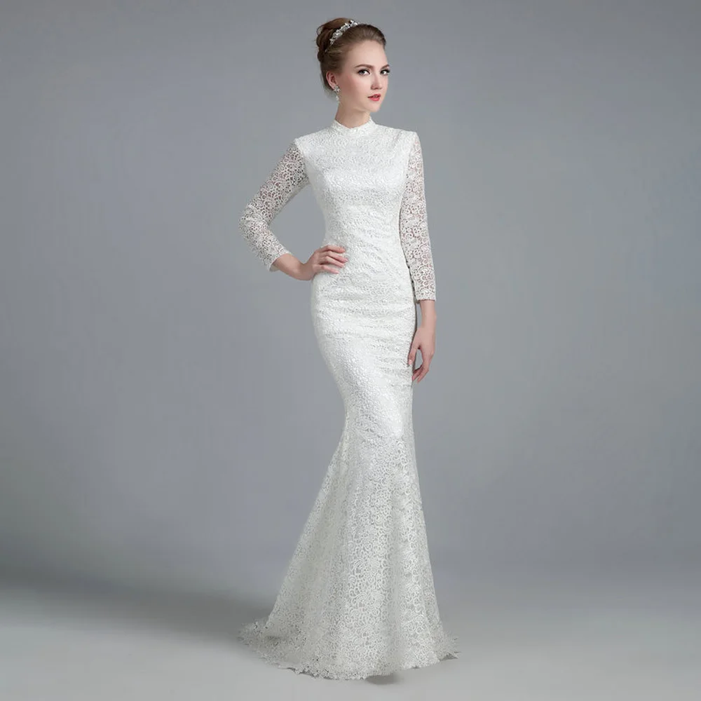 White Vintage Lace High Neck Long Sleeves Mermaid Wedding Dress