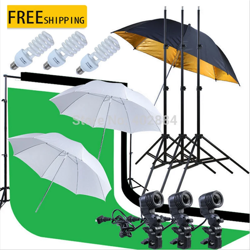 

Photo Studio Kit Photography 3 Light Bulb Lighting Muslin 3 Backdrop Stand Set