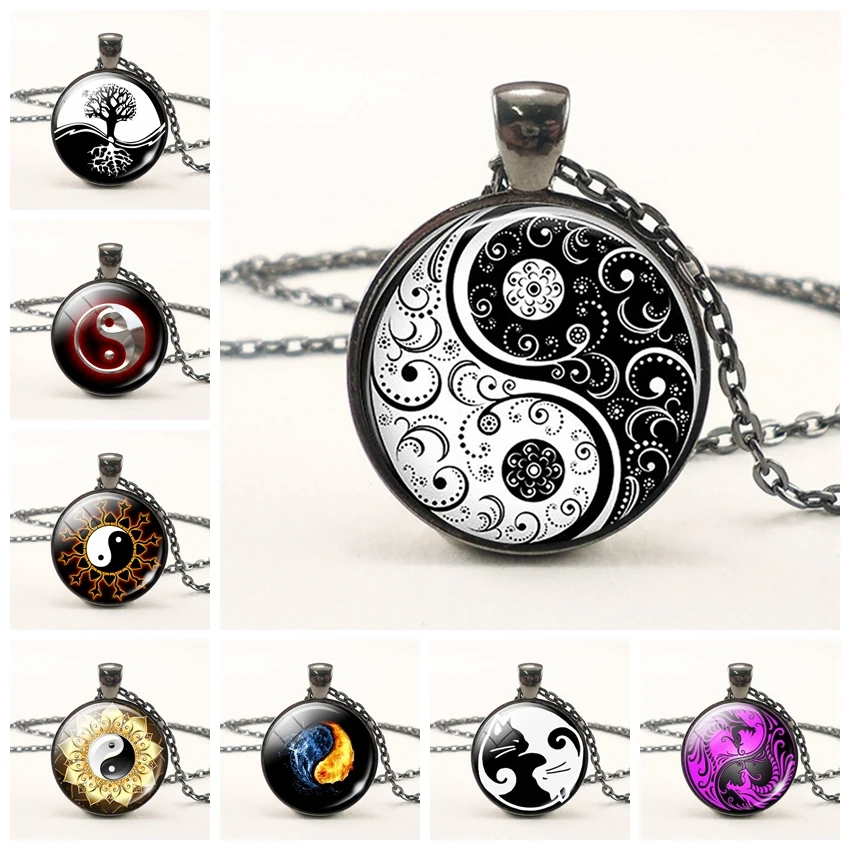 Black White Gothic Yin Yang Necklace Glass Cabochon Pendant Yoga Zen Jewelry Birthday Christmas Gift for Yoga Lover Wholesale
