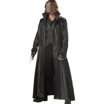 

New halloween costume for men Black Faux Leather Adult Vampire Jumpsuit Movie Cosplay Fancy Dress Black Coat Pirate Costume