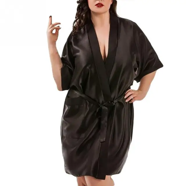 Women Pajamas Navy Blue Sleepwear Solid Female Wine Red Robe Plus Size Black Robes Cardigan Satin Fashion Bathrobe Nightgown