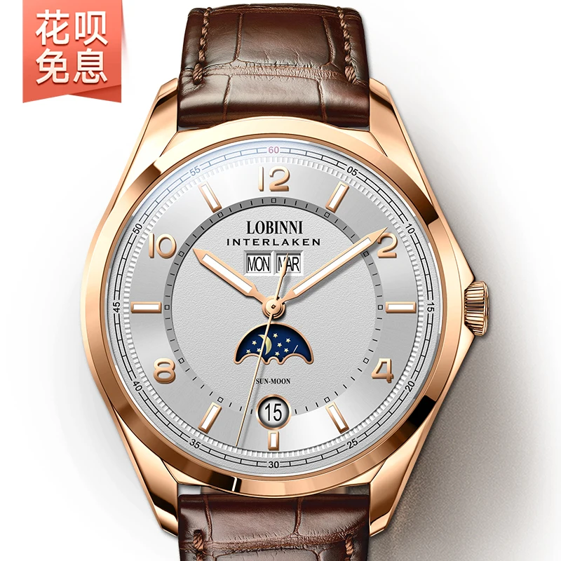 Switzerland Luxury Brand LOBINNI Watches Men Automatic Mechanical Men's Watch Multi-function Sapphire Moon Phase Clock L18016-3