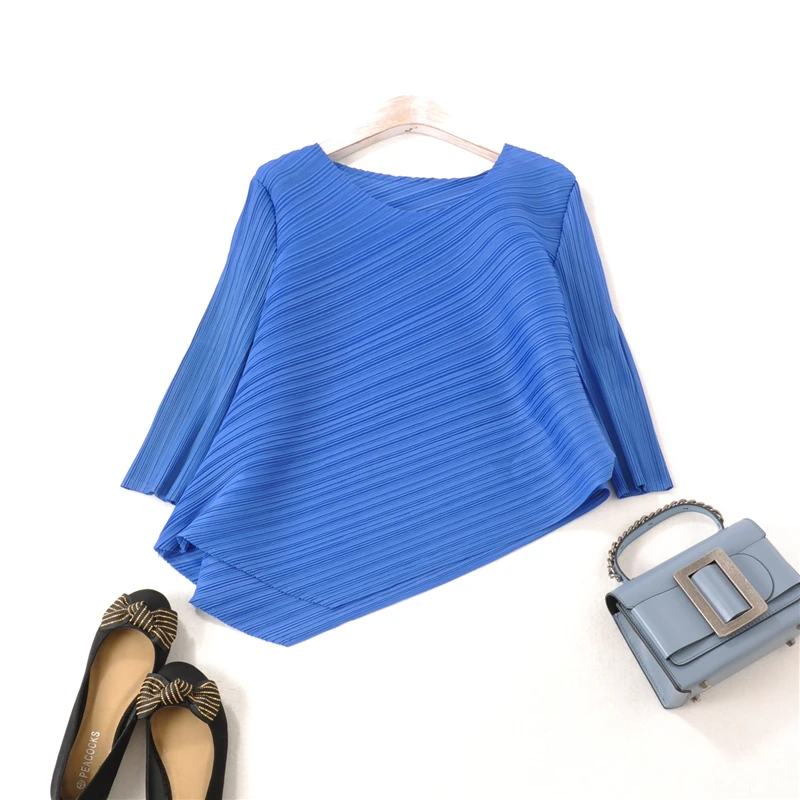 Changpleat, Весенняя Новинка, необычные женские футболки, топы Miyak, плиссированные, модные, одноцветные, круглый ворот, 3/4 рукав, простая женская футболка T97 - Цвет: Blue