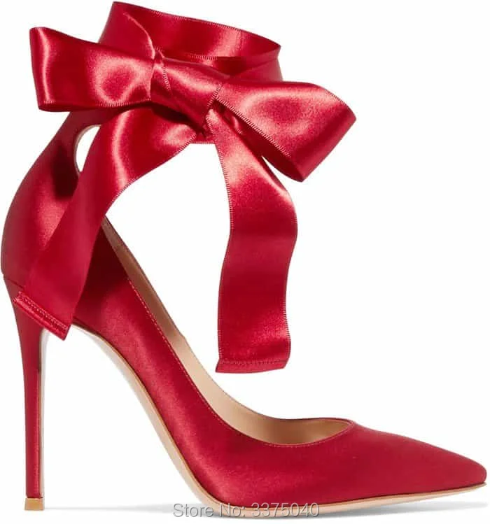 red satin high heel shoes