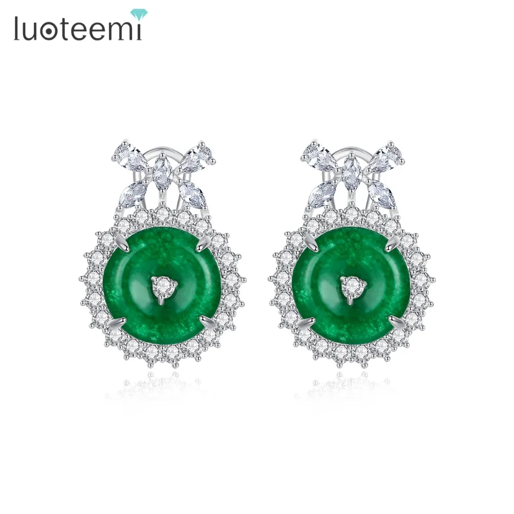 

LUOTEEMI Elegent Round Green Stone Stud Earrings for Women Wedding Party Paved Shiny Cubic Zircon Fashion Jewelry Bijoux Femme