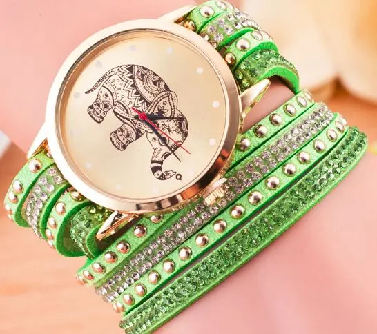 Модные женский кожаный браслет часы для женщин слон циферблат кварцевые часы женские наручные Relojes Mujer relogio feminino - Цвет: Зеленый