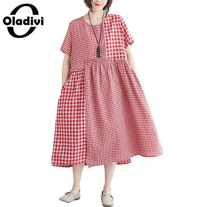 

Oladivi Big Plus Size Women Clothing Fashion Plaid Short Sleeve Midi Dress Summer Style 2019 New Casual Dresses Female Vestidos