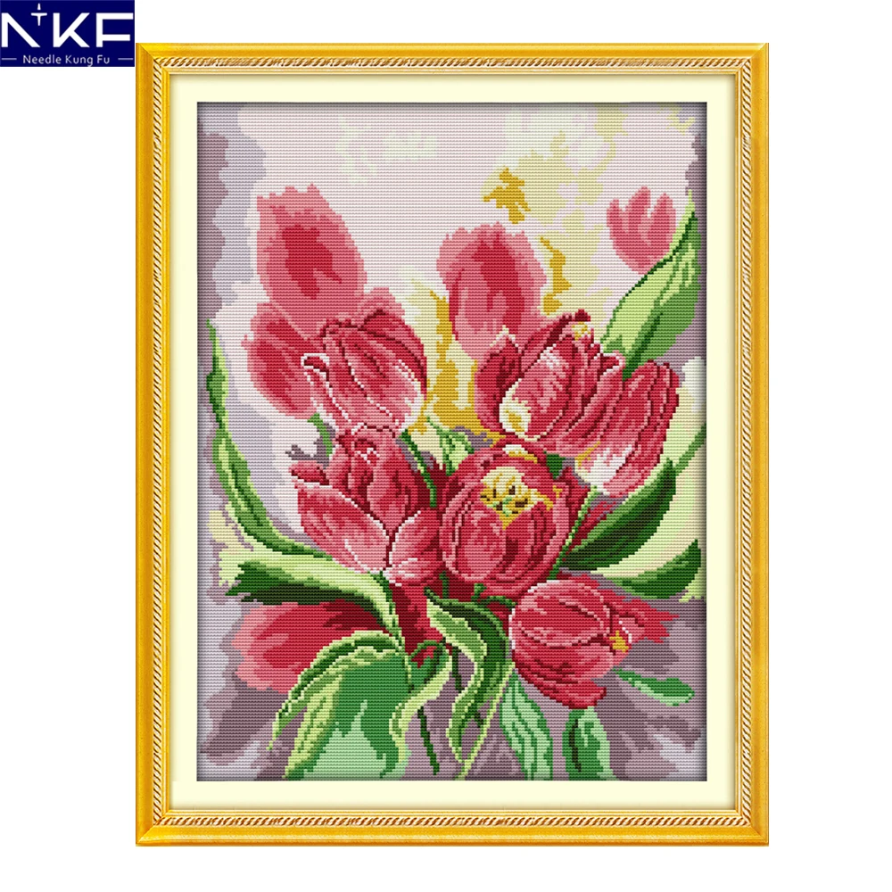 

NKF Pink Tulip Stamped Cross Stitch Patterns 11CT14CT DIY Kits Needlework Embroidery Chinese Cross Stitch Sets for Home Decor