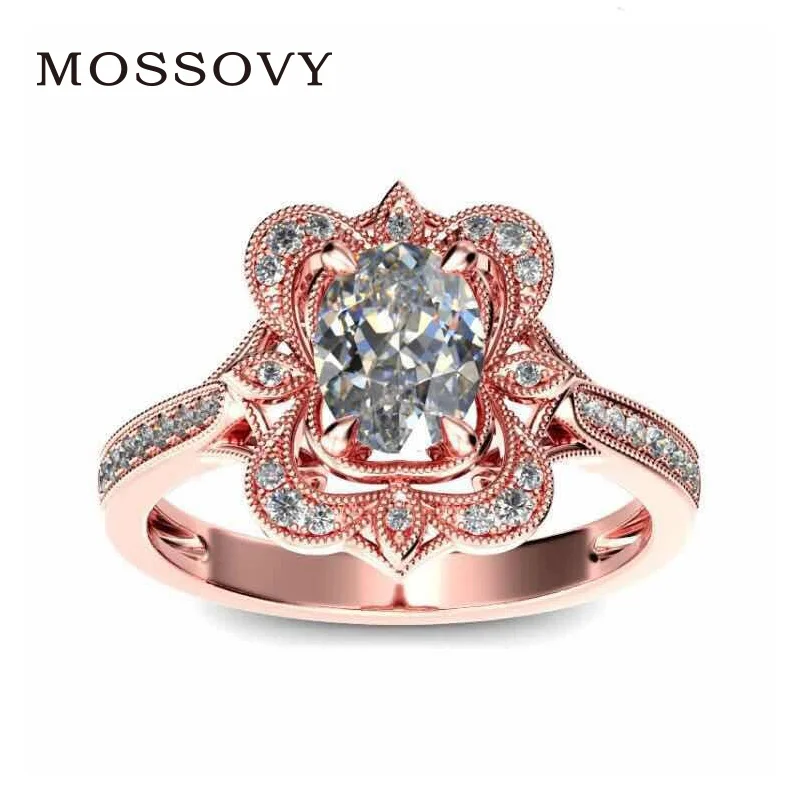 

Mossovy Hollow Flowers Rose Gold Ring for Female Zircon Fashion Jewelry Wedding Rings for Women Pendientes Aretes De Mujer