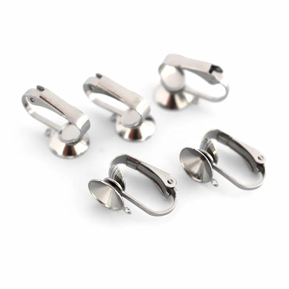 Stainless Steel Clip on Earrings Bases Circle Bezel with Loop Rivoli