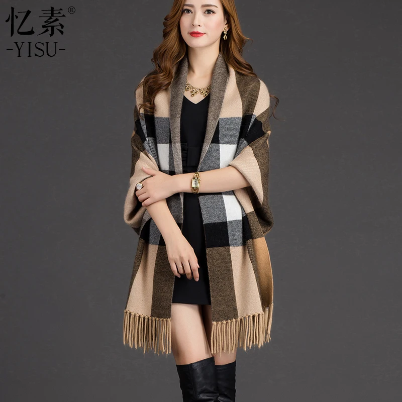 

YISU shawl women Brand Plaid Winter Woman Sweater Scarf Female Oversized Blanket high quality Tassel Shawls Scarves Women Poncho