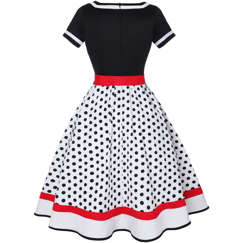 Plus Size Women Polka Dot Print Vintage Dress V-Neck Short Sleeve Belt Hepburn Dress Sweetheart Pin Up 50s Party Dresses Vestido