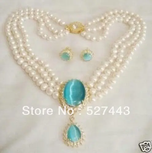 

Wholesale free shipping >>CharmiNg! jewelry Natural white pearl necklace opal pendant earring set