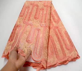 

New peach African Lace Fabric Embroidered Nigerian Guipure for Wedding High Quality 2019 French Tulle Lace Fabric with stone