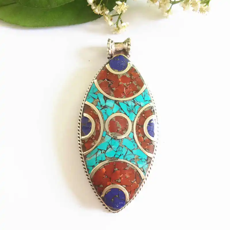 

TBP507 Tibetan Jewelry Pendants White Metal Copper Inlaid Colorful Stone Flower Pendants from Nepal