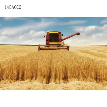 

Laeacco Photo Backgrounds Farmland Filed Wheat Cutting Machine Rural Blue Sky Cloud Photography Backdrop Photocall Photo Studio