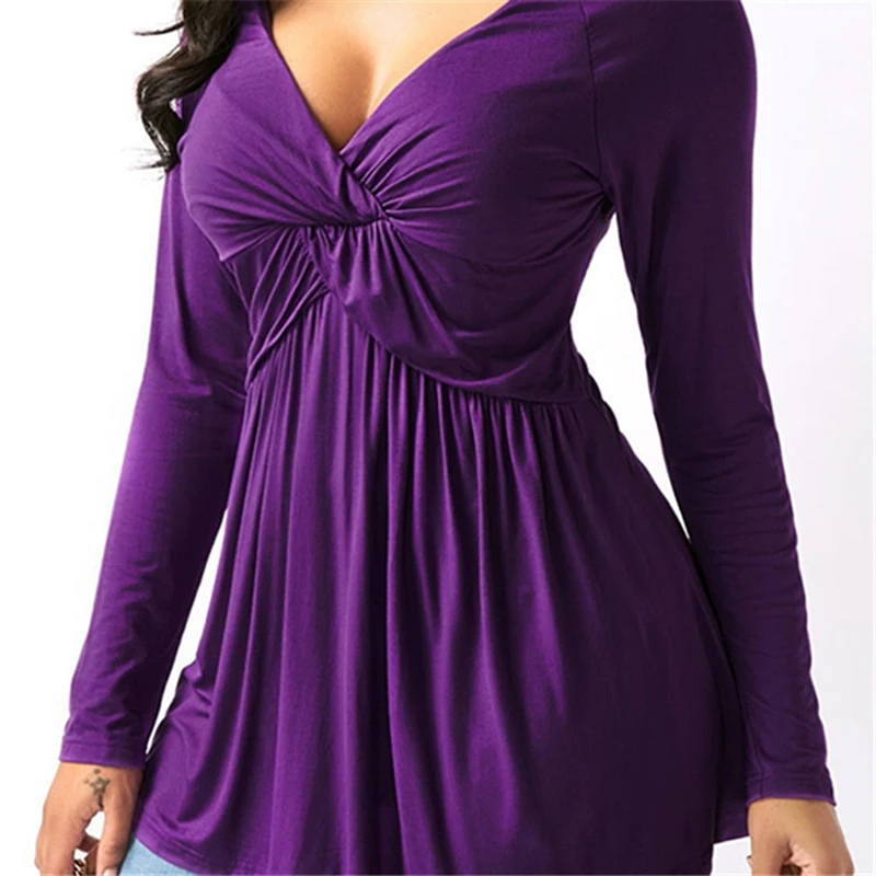 Новые Сексуальные Плиссированные Топы с глубоким v-образным вырезом, осенняя женская элегантная одежда с длинным рукавом, свободные футболки, топы, Camisetas Mujer - Цвет: purple
