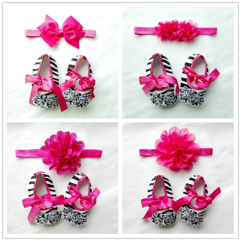 Baptism Newborn Baby Girl Shoes Toddler Infant Fabric Baby Booties Headband Set Little Girl Baby Walker First Shoe 1set S140