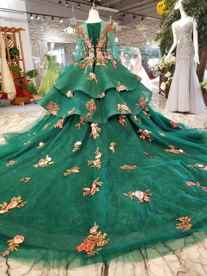 LSS143 Зеленые Вечерние платья кружевные цветные цветы с круглым вырезом вечернее платье длинные 100 см поезд выпускные платья, дамы больше слоев