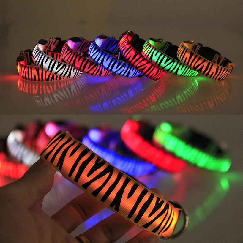 

LED Dog Collar Nylon Night Safety Flashing Glow Pet Dog Collar With Zebra Pattern Luminous Light Collar For Pet Dog