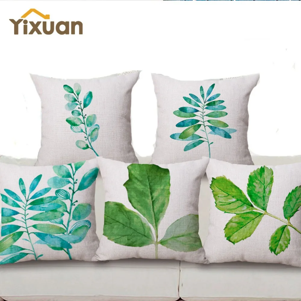 Home Customized 18'' Square Pillow Cover Green Leaves Linen Decorative