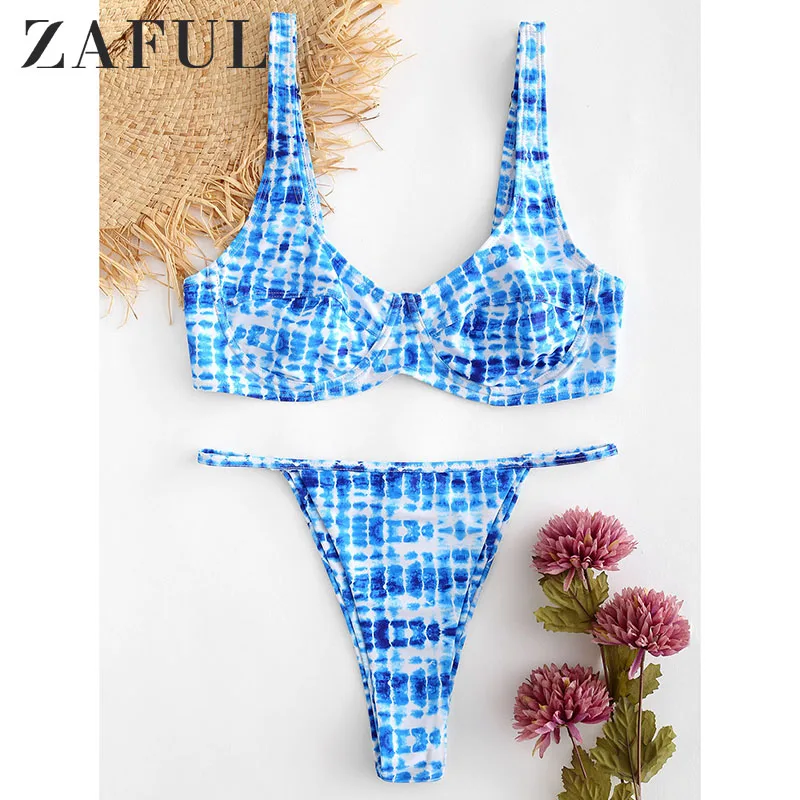 ZAFUL Tie Dye Thong Женский комплект бикини Холтер Мягкий Camis пляжный с завышенной талией