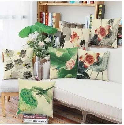 

Chinese pastoral classical ink painting style lotus linen hug pillowcase Digital printing pillowcase