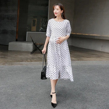 

9007# Dot Printed Chiffon Maternity Long Dress Summer Fashion Party Long Dress Clothes for Pregnant Women Pregnancy Clothing
