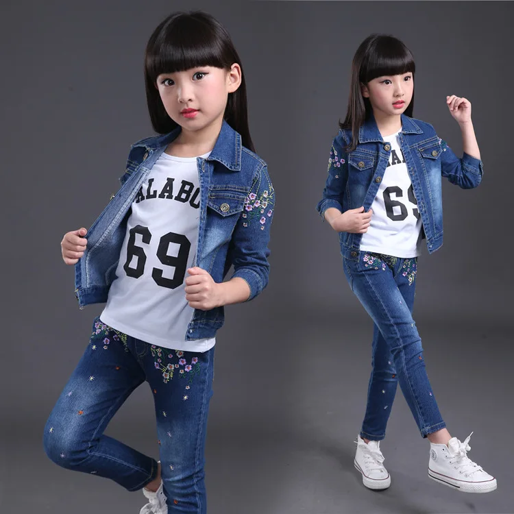 Baby Fashion Clothing Kids Girls Cowboy Suit Children Girls Sports Suit cotton Denim Long Sleeve Jacket+shirt+denim Jeans 3pcs