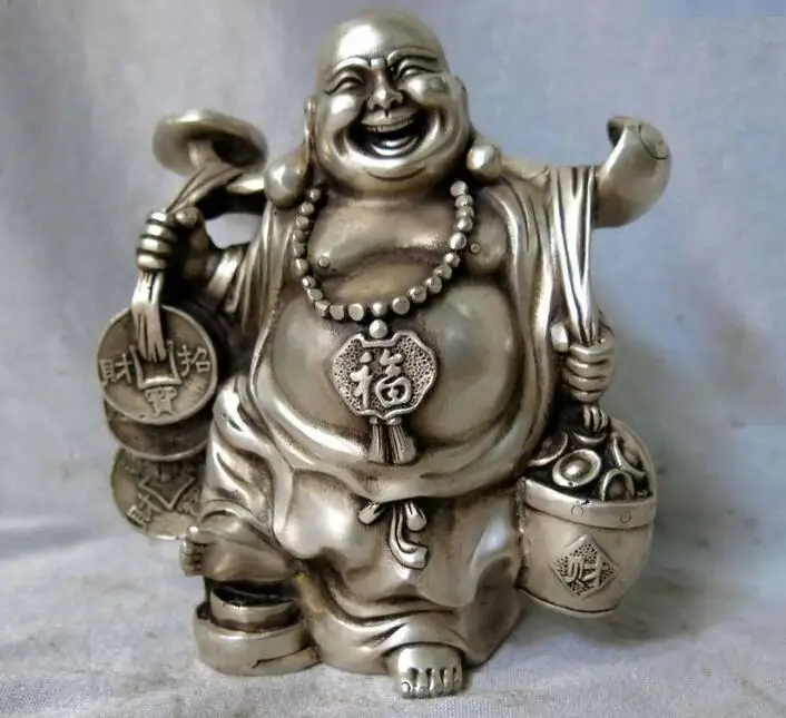 

Silver sculpture China carved treasure buddhism happy Maitreya Buddha Statue