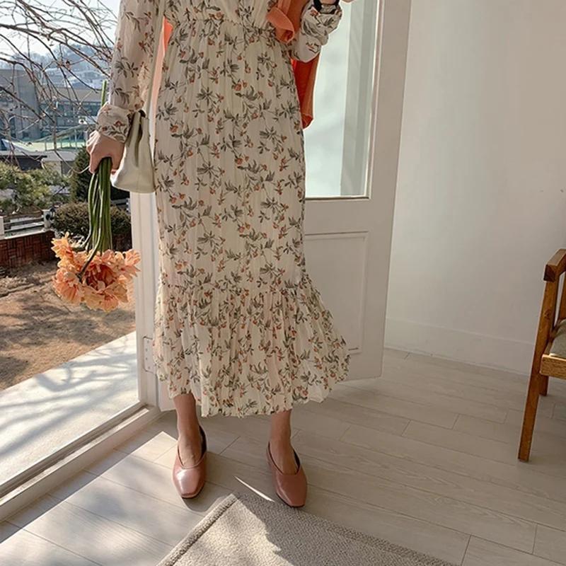 BGTEEVER Elegant Ruched Floral Print Women Summer Dress Sexy V-neck Full Sleeve Female Long Dresses 2019 Summer Chiffon Vestidos