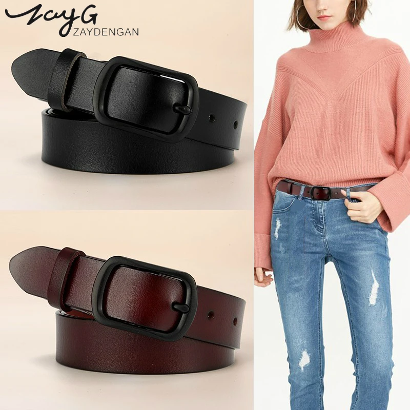 

ZAYG Fashion Genuine Leather Women Belt for Dress Black Pin Buckle Waist Strap Luxury Jeans Female Belts For Women High Quality