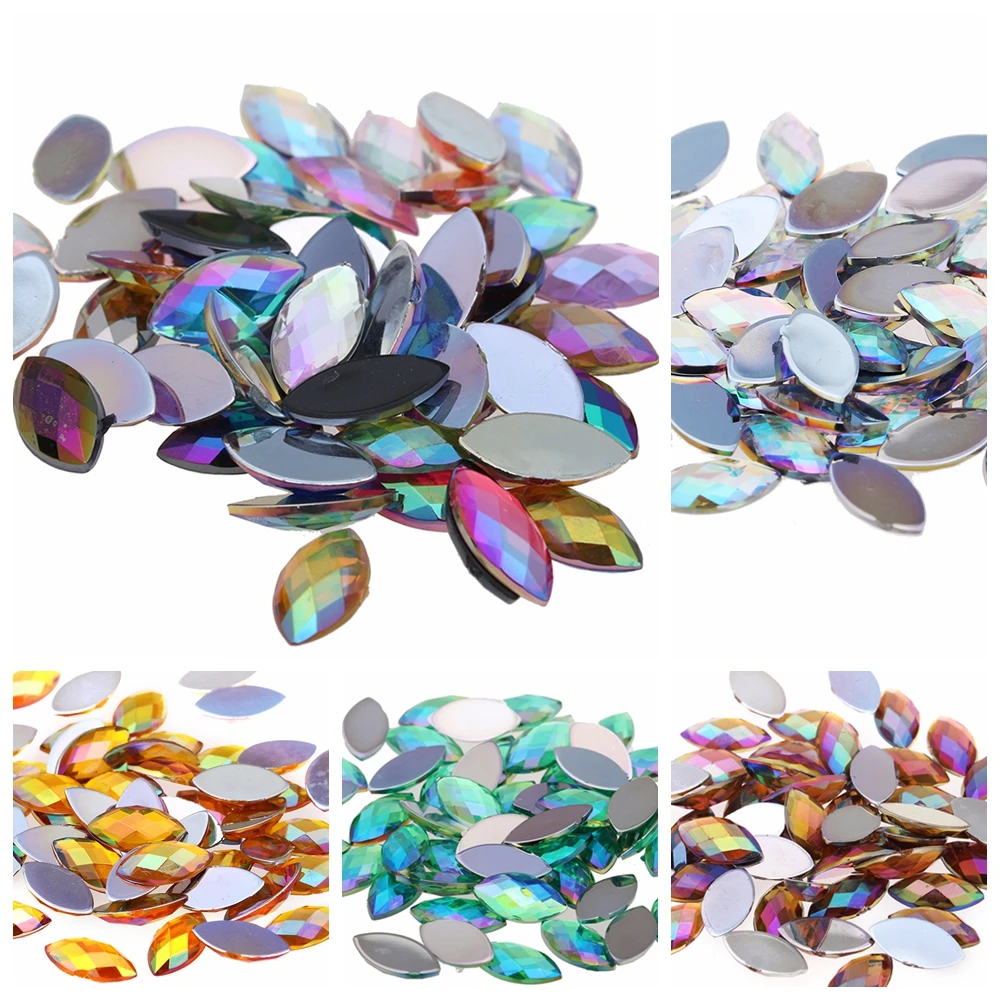 

Rhinestones 7x15mm 30pcs Acrylic Flatback Marquise Earth Facets AB colors Acrylic Glue On Strass High Shine Beads