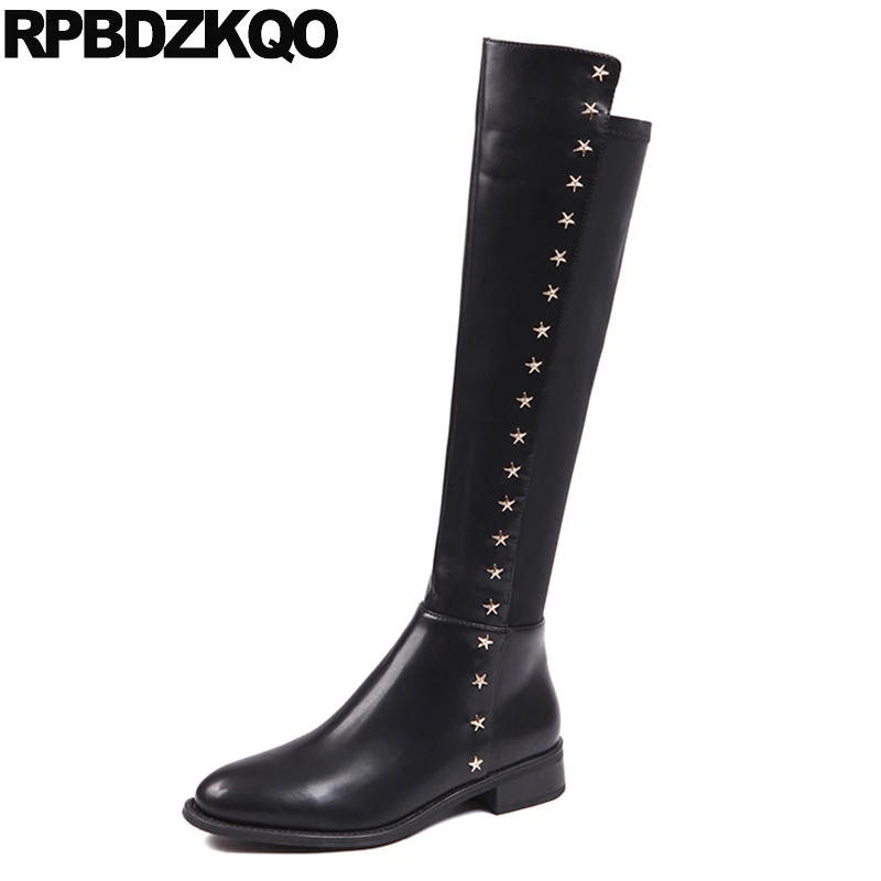 

Flat Platform Long Ladies Rivet Black Knee High Shoes Round Toe Women Boots Winter 2017 Embellished Stud Fashion New Chinese