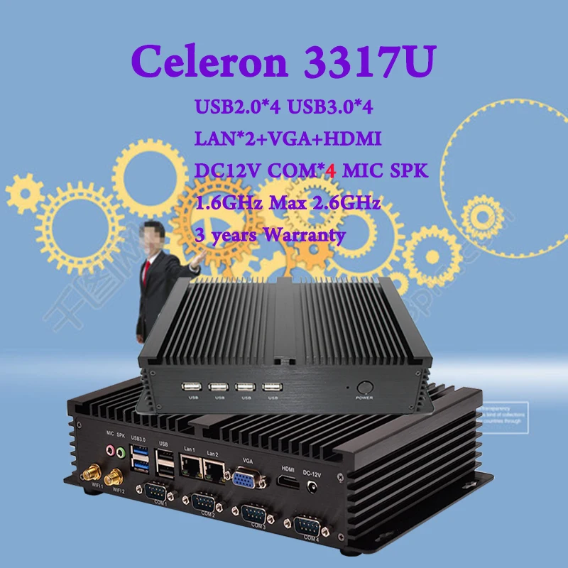 Mini PC Inter Celeron 3317U Dual Nics 4 RS232 COM industrial PC Rugged computer 300M Wifi