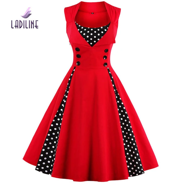 Ladiline 80 s 90 s sin mangas de moda elegante arco vestidos de calidad mujeres del verano dress dot algodón vintage dress yht1357d _ - AliExpress Mobile