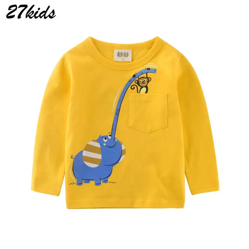 Милая футболка с принтом слона для детей 2-9 лет, детская одежда на осень и весну для мальчиков, одежда для маленьких девочек, хлопковые рубашки для малышей, 27 - Цвет: 3511 orange yellow