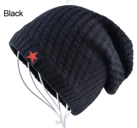 Шапка мужская зимняя трикотажный свитер шерстяная шапка плюс бархатная пятиконечная звезда хип-хоп шапка утолщенные бини для мужчин - Цвет: Черный
