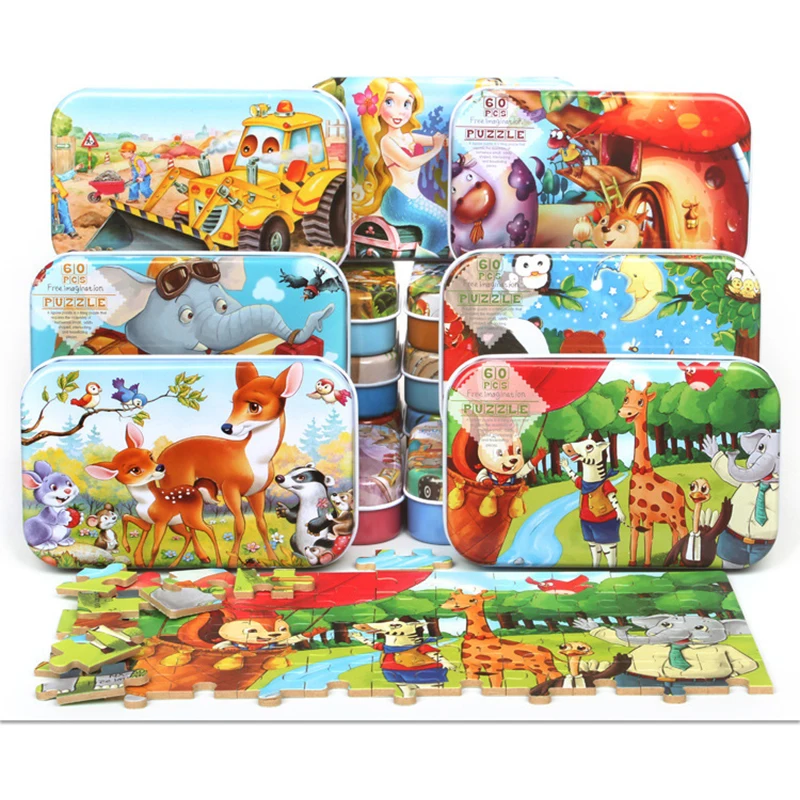 Premium Size 22.5* 13cm Wooden Large 60 Piece Iron Box Cartoon Animal Baby Puzzle Child Wooden Educational Toy Girl Boy