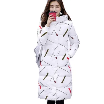 

2018New Fashion Print Winter Long Women Parkas Female Hooded Button Slim Down Cotton Jacket Female Plus Size 3XL Warm CoatCQ2145