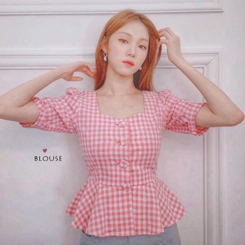 

Hit !pink Plaid Slim Waist Skirt Hem Blouse Square Neck Puff Sleeve Shirt Women Top Kawaii Chemise Femme Chemisier Blusa Mujer