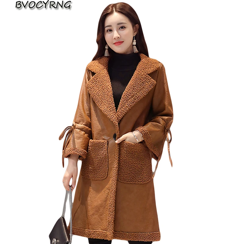 

New Winter Jacket Women Faux Leather Fur Coat Thicken Wool Warm Outerwear Slim Fashion Girls long Autumn winter Fur Coat A0073