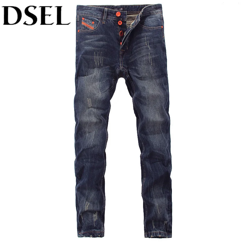 

European American Street Fashion Men Jeans Orange Pocket Stripe Jeans Mens Pants DSEL Brand Buttons Distressed Ripped Jeans Men